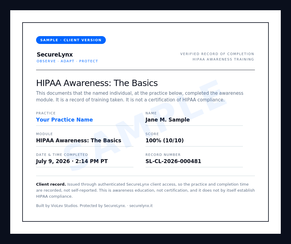 Sample SecureLynx client-version completion record showing practice name, full date and time, and a record number, marked as a sample