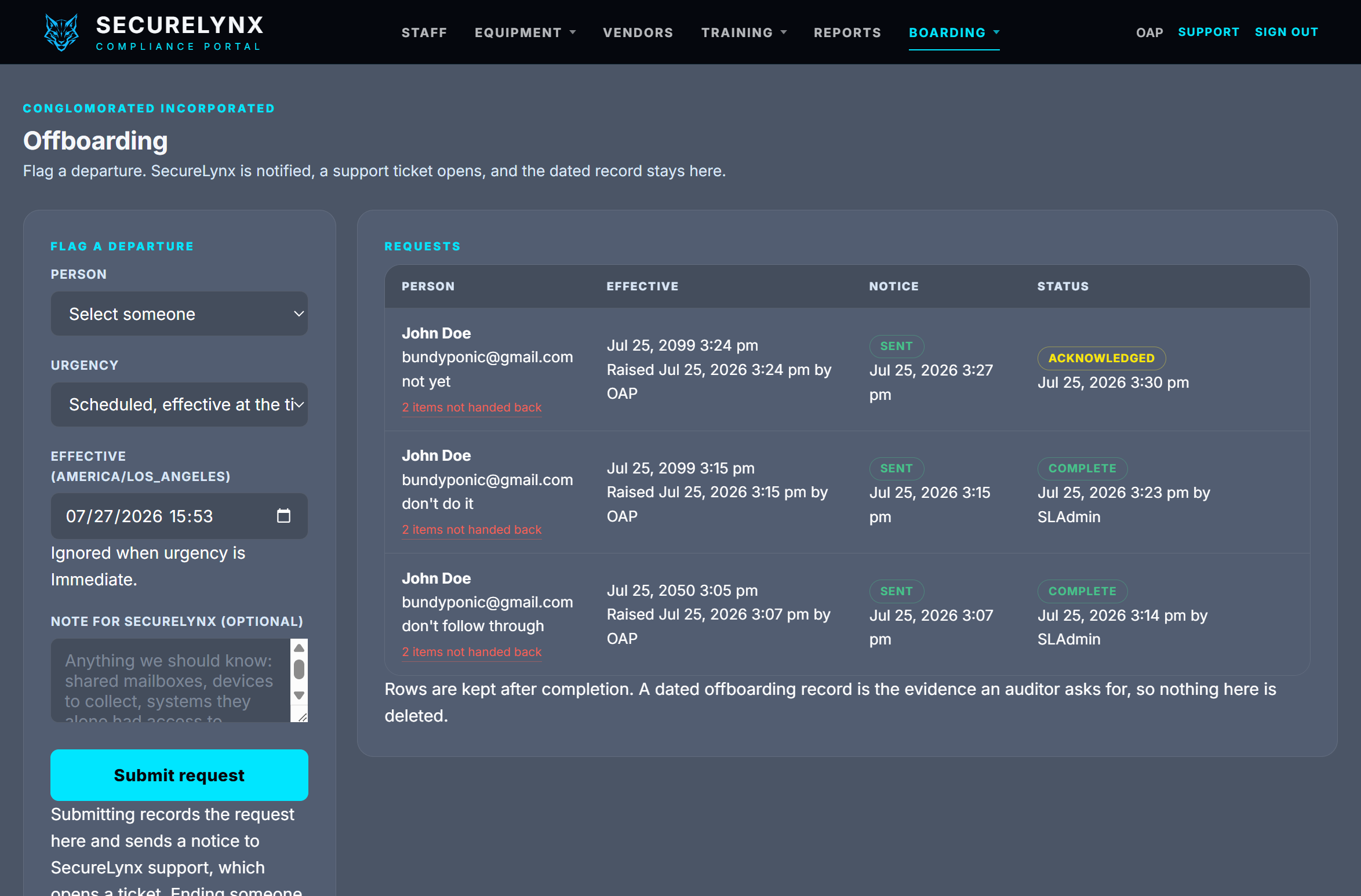 The offboarding page, showing departure requests with their notice status, acknowledgement and completion times